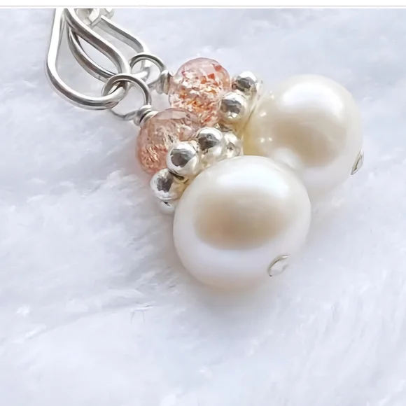 💎Sterling Silver Earrings with Freshwater Pearl and Sunstone Gemstones - Picture 7 of 9